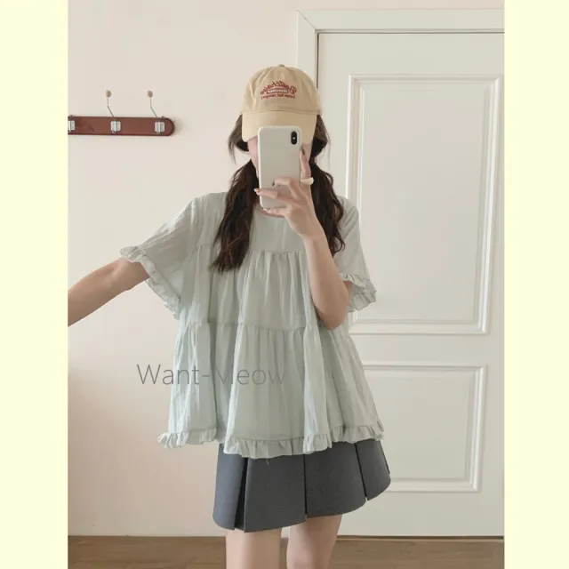 【Want-Meow】90公斤可穿/甜到心坎！小荷葉木耳邊麻料圓領上衣大學T短袖T(大碼上衣/大碼/大尺碼/短袖上衣)