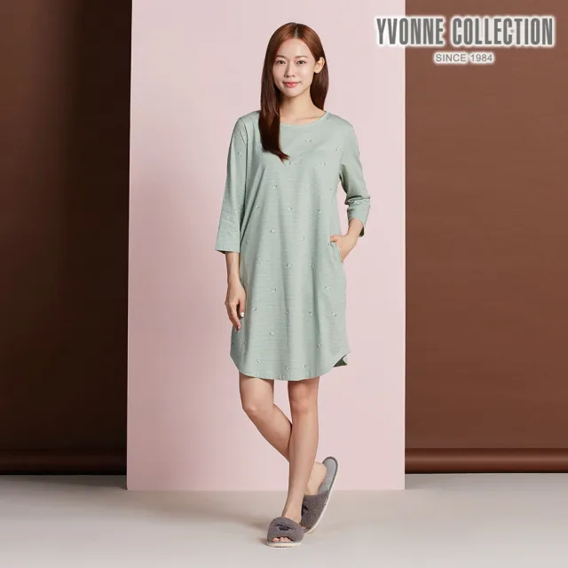 【YVONNE 以旺傢飾】黑鼻羊條紋印花七分袖洋裝-原野綠