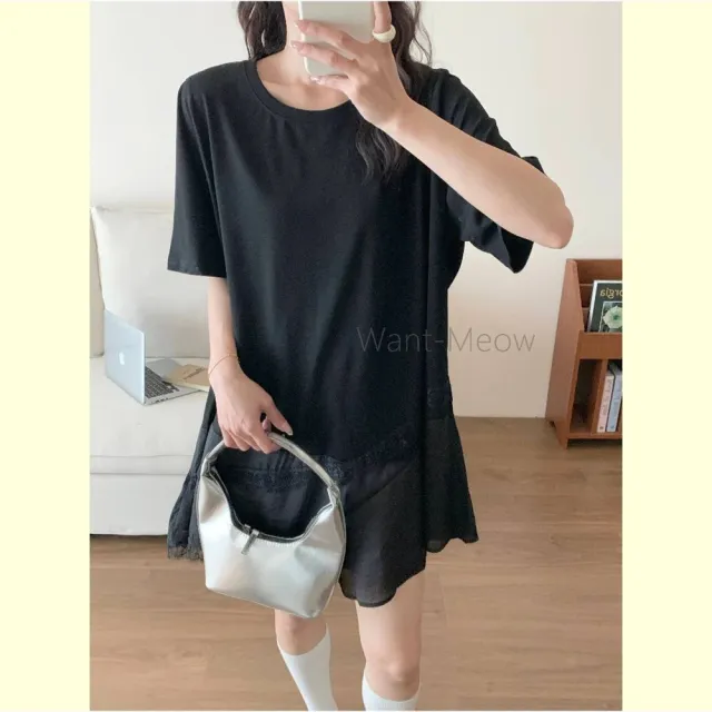 【Want-Meow】90公斤可穿/日系拼接蕾絲長版圓領上衣大學T短袖T(大碼上衣/大碼/大尺碼/短袖上衣)
