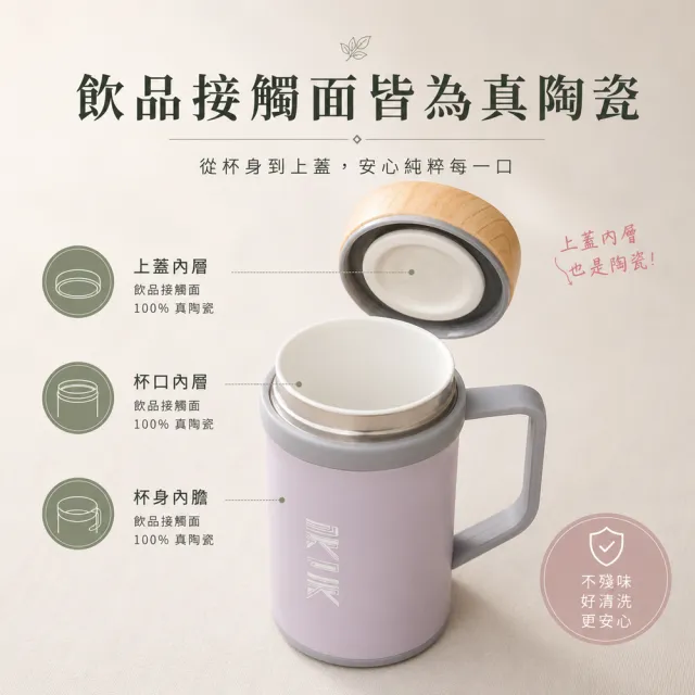 【IKUK 艾可】真陶瓷內膽保溫杯-瓷芯上蓋手把保溫杯500ml(辦公杯/咖啡保溫杯/保溫瓶/父親節禮物)
