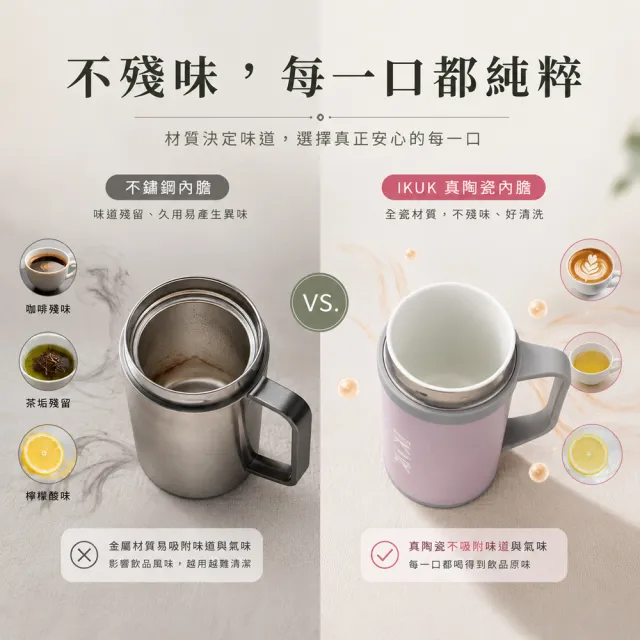 【IKUK 艾可】真陶瓷內膽保溫杯-瓷芯上蓋手把保溫杯500ml(辦公杯/咖啡保溫杯/保溫瓶/父親節禮物)