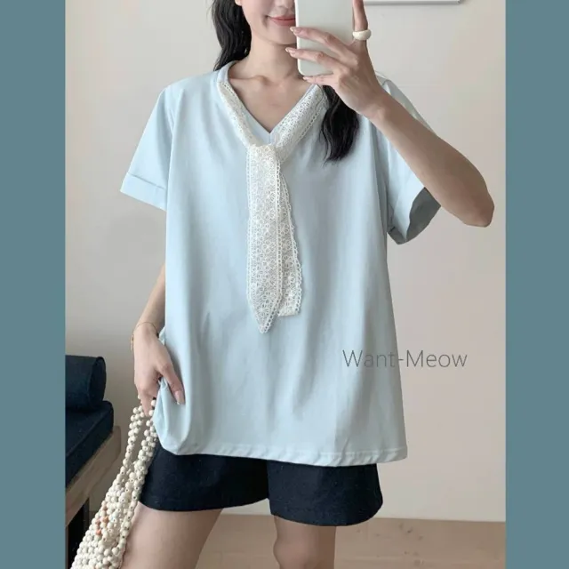 【Want-Meow】90公斤可穿/氣質短袖蕾絲領巾圓領上衣大學T短袖T(大碼上衣/大碼/大尺碼/短袖上衣)