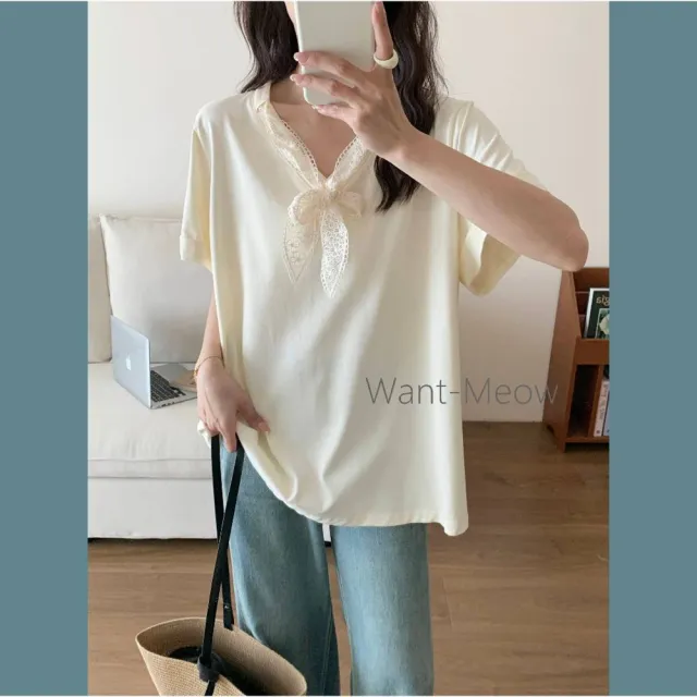 【Want-Meow】90公斤可穿/氣質短袖蕾絲領巾圓領上衣大學T短袖T(大碼上衣/大碼/大尺碼/短袖上衣)