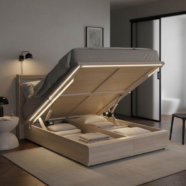 【IHouse】保羅 燈光款 遙控電動 雙人5尺收納掀床+尾二抽床底 (雙電機+台灣製強化木心板)
