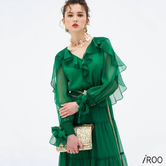 【iROO】翡翠色飄逸長洋裝