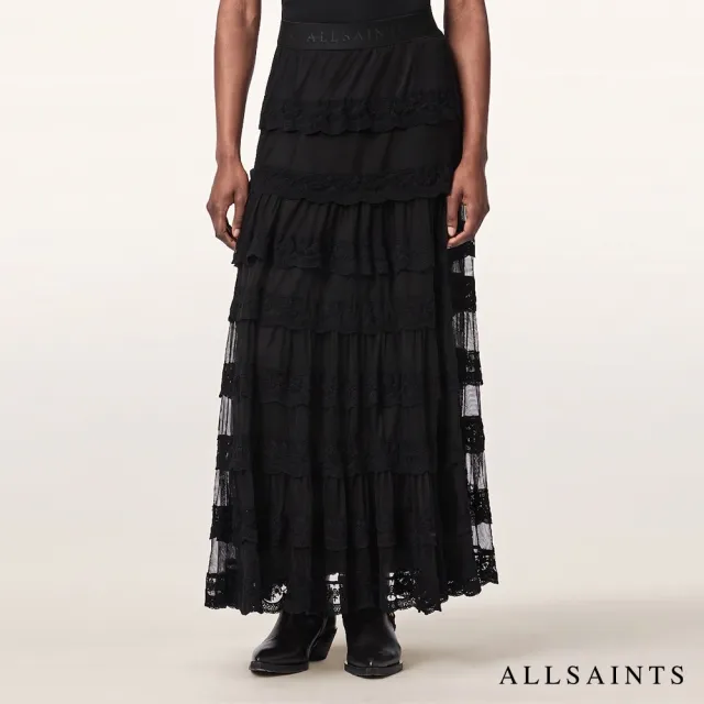 【ALLSAINTS】MAGGIE 多層蕾絲薄紗拼接長裙-黑 W100RF(常規版型)