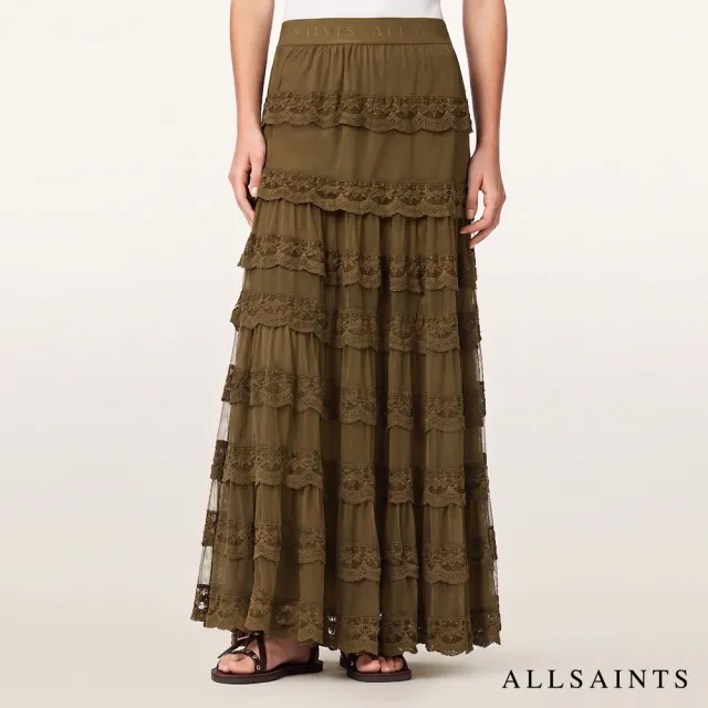 【ALLSAINTS】MAGGIE 多層蕾絲薄紗拼接長裙-軍綠 W100RF(常規版型)