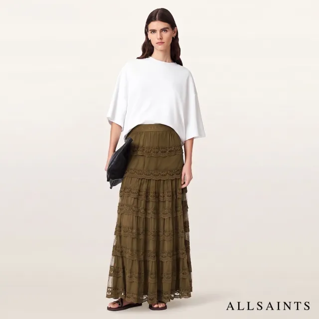 【ALLSAINTS】MAGGIE 多層蕾絲薄紗拼接長裙-軍綠 W100RF(常規版型)
