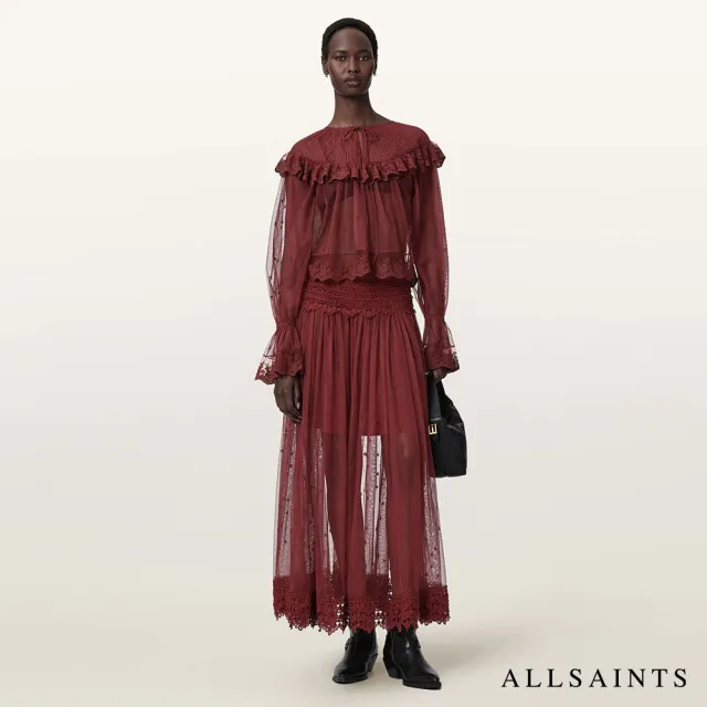 【ALLSAINTS】TRIXIE 蕾絲薄紗中長裙-酒紅 W060RE(正常版型)