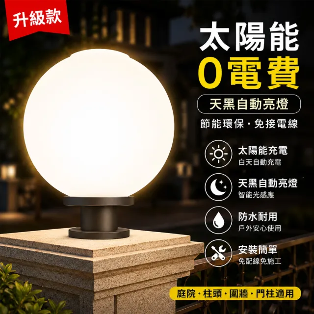 【映星照明】30cm太陽能柱頭燈 庭院燈 戶外燈 圓球燈 圍牆燈 門柱燈 戶外壁燈 太陽能燈 景觀燈 白光