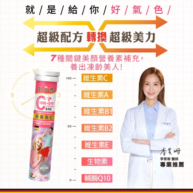 【Heilusan 好立善】維生素C1000+Q10+生物素發泡錠20錠6入組(保護力B群+A+E維他命C抗氧化膠原蛋白形成)