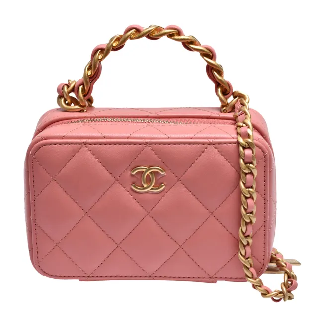 【CHANEL 香奈兒】經典仿舊雙C LOGO菱格紋小羊皮拉鍊雙層手提/斜背包(蜜桃粉色AP2874L-PEACH-GPN)