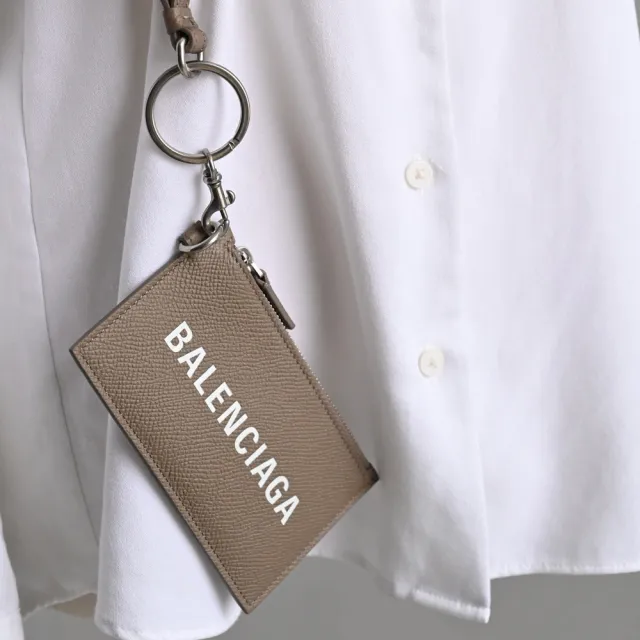 【Balenciaga 巴黎世家】簡約經典LOGO小牛皮可拆掛式信用卡零錢包(大象灰)