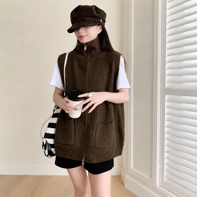 【JC Collection】☆台灣現貨☆綿羊絨保暖高領雙拉鏈雙口袋寬鬆無袖針織背心外套|氣質百搭