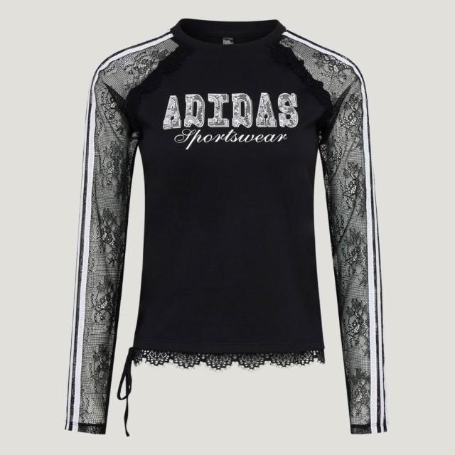 【adidas 愛迪達】Dce Mesh Tee 女 長袖上衣 休閒長袖 蕾絲 舞蹈 黑(LE7040)
