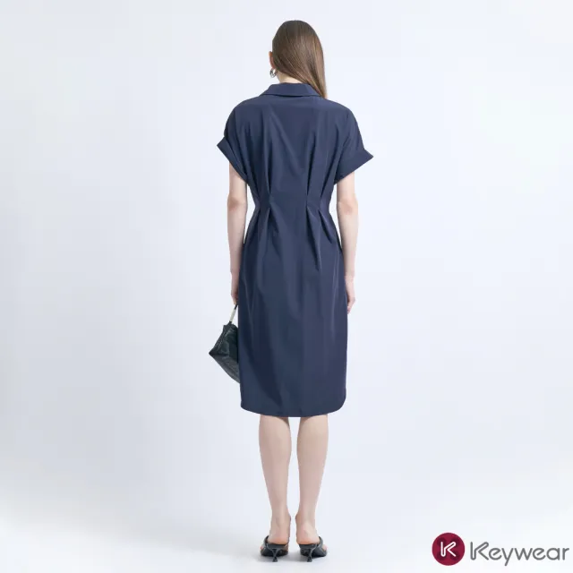 【KeyWear 奇威名品】俐落收腰襯衫領短袖洋裝