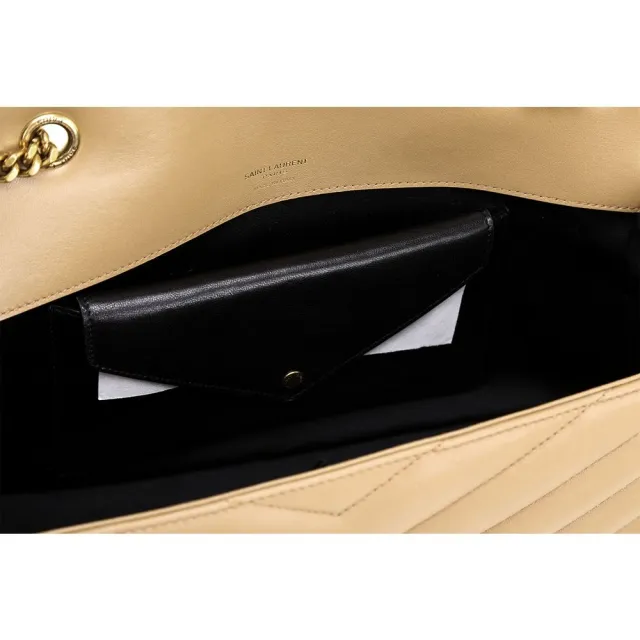 【YSL】Saint Laurent LOULOU MATELASSE 中型 金字絎縫羊皮信封式鍊帶肩斜背包(卡其)(腋下包 雙鍊)