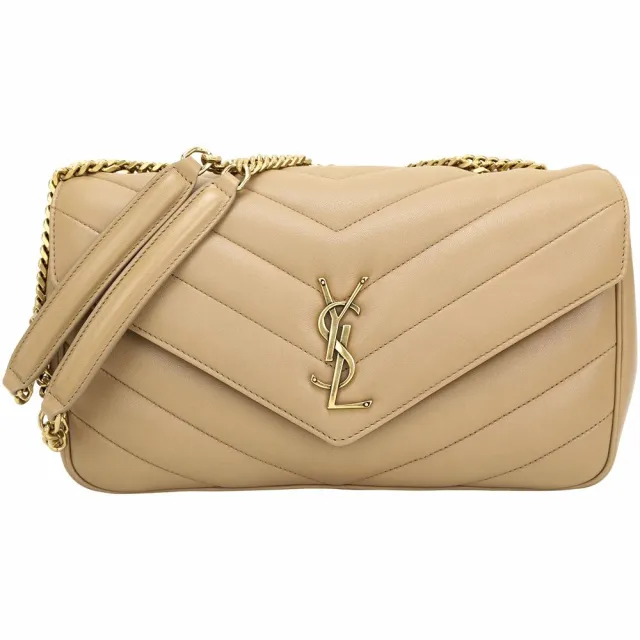 【YSL】Saint Laurent LOULOU MATELASSE 中型 金字絎縫羊皮信封式鍊帶肩斜背包(卡其)(腋下包 雙鍊)