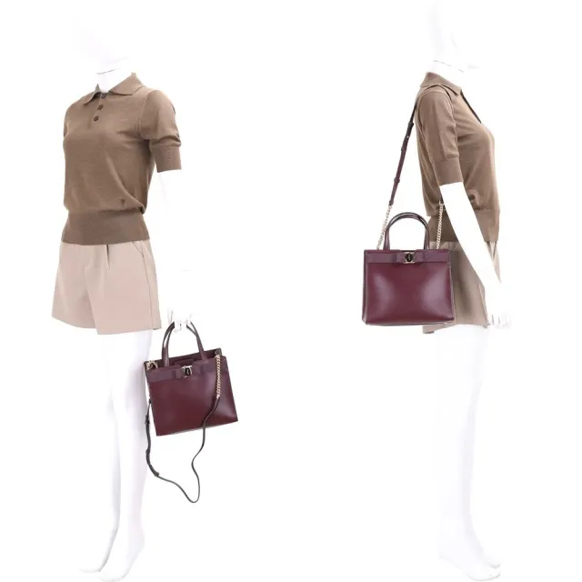 【Salvatore Ferragamo】VARA 中款 羅緞蝴蝶結飾牛皮斜背/手提包(酒紅)(鍊帶包 凱莉包 兩用包)