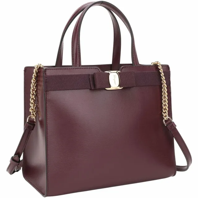【Salvatore Ferragamo】VARA 中款 羅緞蝴蝶結飾牛皮斜背/手提包(酒紅)(鍊帶包 凱莉包 兩用包)