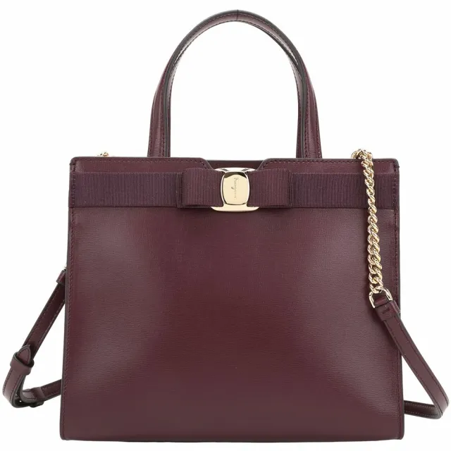 【Salvatore Ferragamo】VARA 中款 羅緞蝴蝶結飾牛皮斜背/手提包(酒紅)(鍊帶包 凱莉包 兩用包)