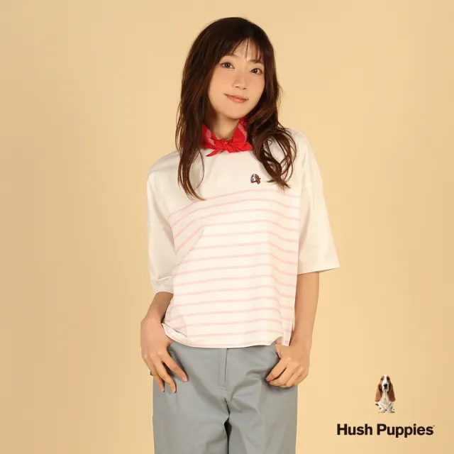 【Hush Puppies】女裝 上衣 簡約橫條紋領巾狗寬版上衣 (粉/白條紋 / 63210104)