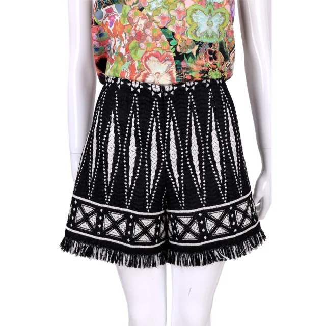 【TORY BURCH】SAVORA 黑白色緹花流蘇短褲(波希米亞 TB)