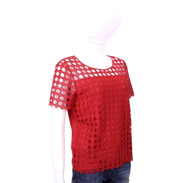 【TORY BURCH】紅色圓點簍空拼接短袖T恤(上衣 TEE TB)