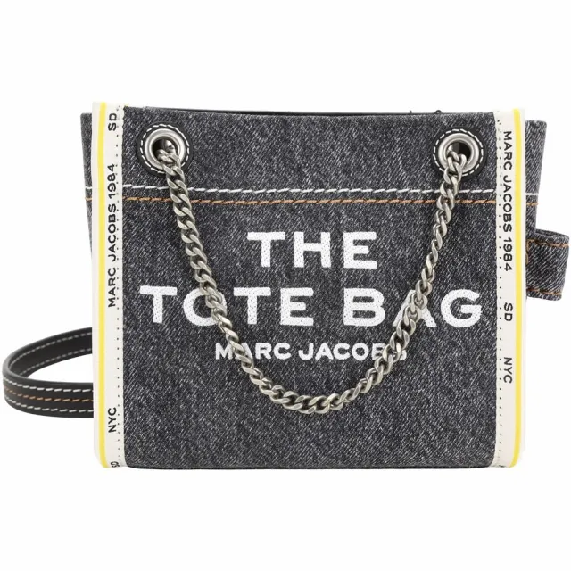 【MARC JACOBS】THE DENIM 滑動式鍊帶 牛仔帆布肩背斜背托特包(黑色 丹寧 側肩包)