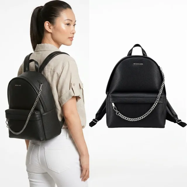 【Michael Kors】SLATER 素面皮革鏈帶中型後背包/黑