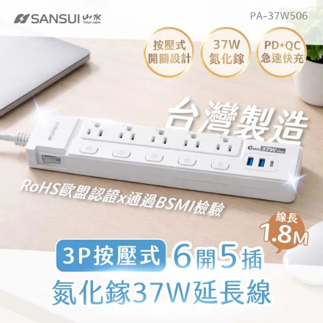 【SANSUI 山水】MIT台灣製造 1.8M/6尺按壓式6開5插氮化鎵PA-37W506 快充延長線 延長線 1.8米 國家安規認證