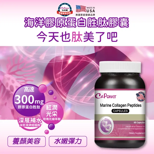 【CaPower 加柏爾】海洋膠原蛋白胜肽膠囊(60粒/瓶)-含膠原蛋白胜肽300mg.玫瑰花瓣.米胚芽