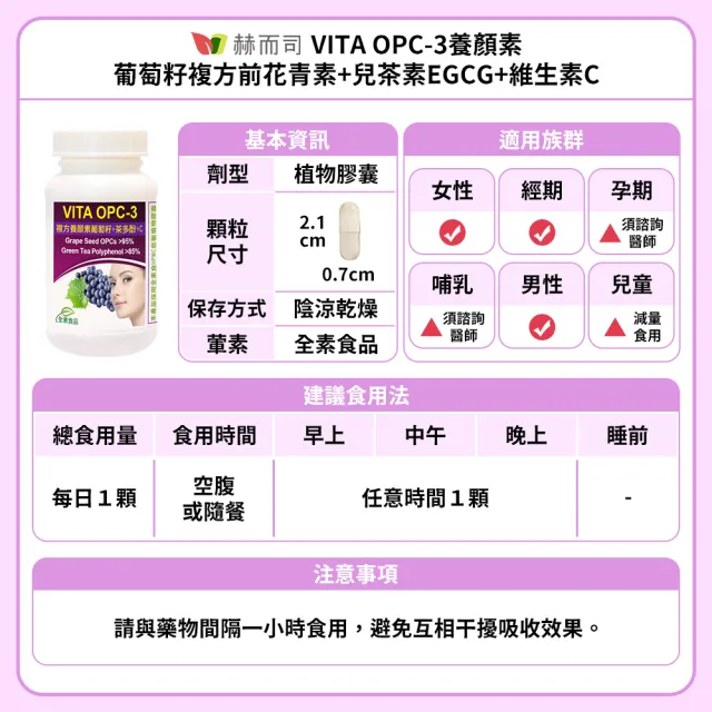 【赫而司】葡萄籽複方1罐(共60顆前花青素+兒茶素EGCG+維生素C養顏美容青春煥白VITA OPC-3養顏素素食膠囊)
