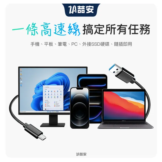 【ZA 喆安】USB3.2 Gen2 10G Type-C充電線1m USB-A to Type-C傳輸線 適用iPhone 17/16/筆電/手機快充線