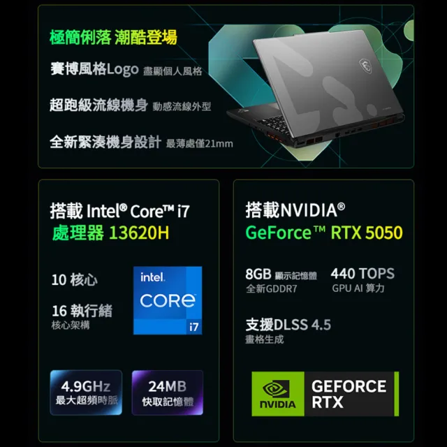 升級32G★【MSI 微星】15.6吋i7-13620H RTX5050電競筆電(Cyborg 15 Max/16G/512G SSD/W11/C13WE-054TW)