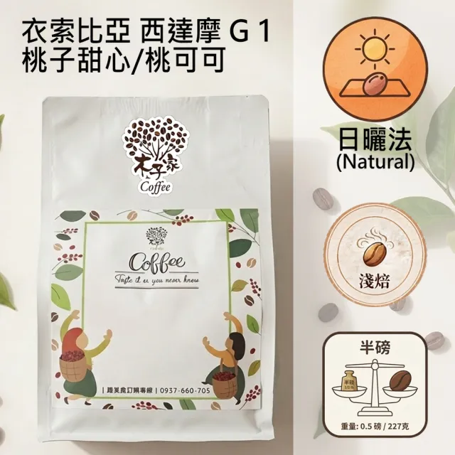 【木子家咖啡】西達摩G1桃子甜心/桃可可｜衣索比亞淺焙咖啡豆(半磅/包、PROBAT烘豆機、草莓水蜜桃薰衣草)