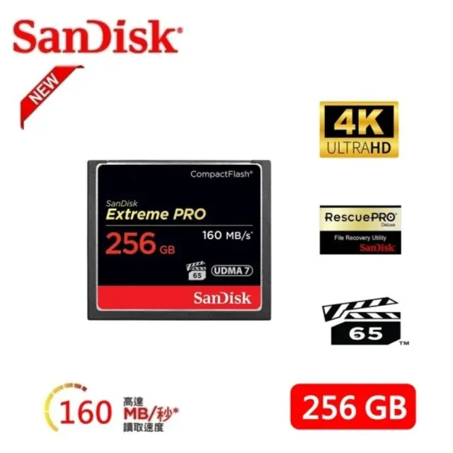 【SanDisk 晟碟】全新加速版 256GB Extreme Pro CF 記憶卡 4K支援(最高讀速160MB/s 有限永久保固)