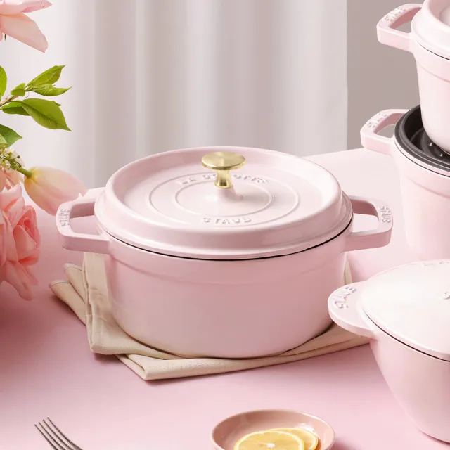 【STAUB】圓形琺瑯鑄鐵鍋24cm+雙耳煎鍋24cm/含玻璃蓋(德國雙人牌集團官方直營)