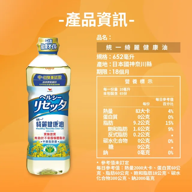 【統一】綺麗健康油652mlx10入/箱