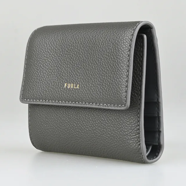 【FURLA 芙拉】FURLA精品粒面小牛皮短夾按釦折疊款(灰)