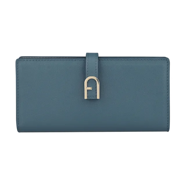 【FURLA 芙拉】FURLA精品小牛皮拱形金屬LOGO長夾(藍x灰)
