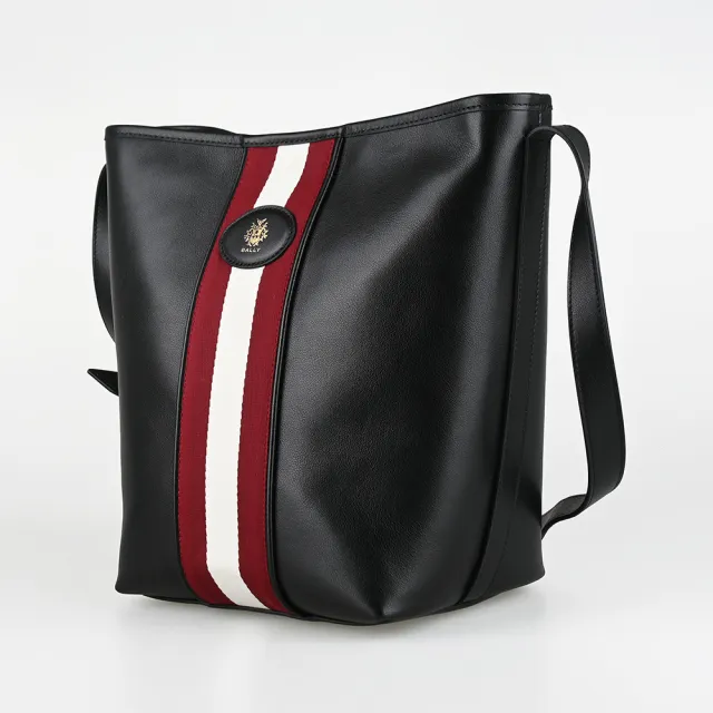 【BALLY】BALLY精品小牛皮紅白肩背斜背水桶包(黑)