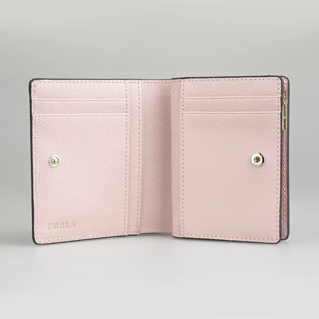 【FURLA 芙拉】FURLA 雷雕鍍金字LOGO Camelia系列小牛皮4卡按釦式零錢短夾(寶石紅x淡粉紅)