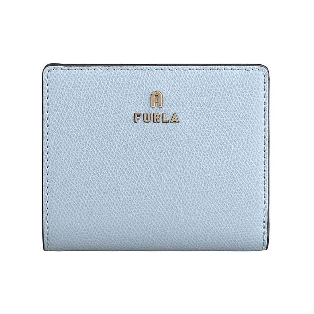 【FURLA 芙拉】FURLA 雷雕鍍金字LOGO Camelia系列小牛皮4卡按釦式零錢短夾(灰藍x水晶白)
