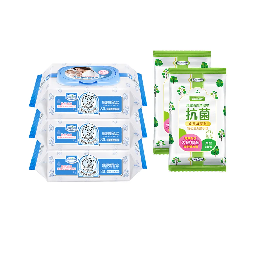 【Baan 貝恩】嬰兒保養柔濕巾80抽x15包+抗菌濕巾30抽x12包(MOMO獨家組)