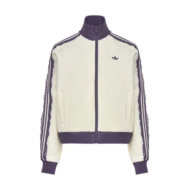 【adidas 愛迪達】Adidas Knit Track Top 女款 米白色 三葉草 立領 蕾絲花邊 拉鍊 夾克 外套 LF2334