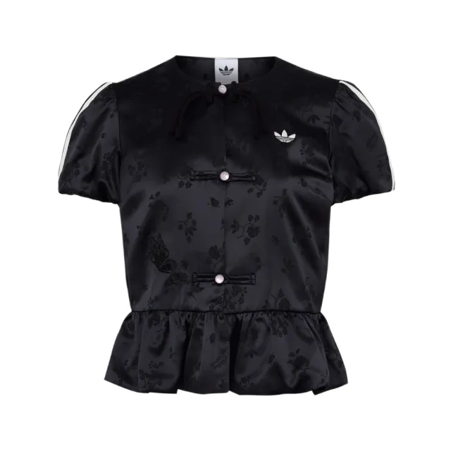 【adidas 愛迪達】Adidas Jacket W 女款 黑色 三葉草 緹花 新中式 泡泡袖 休閒 短袖 外套 LD6443