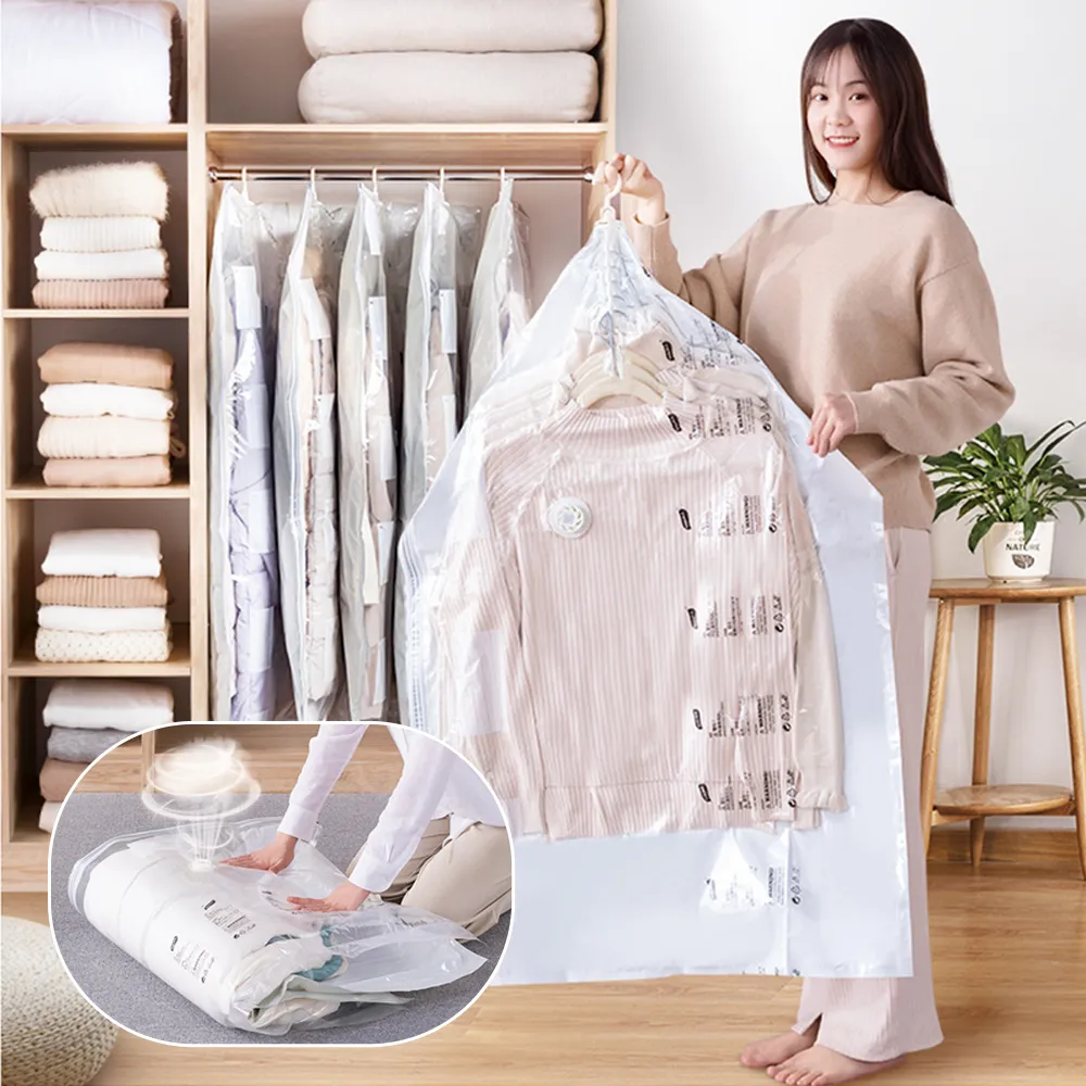 垂掛式免抽氣真空衣服防塵套 西裝大衣壓縮收納袋 真空衣物防塵套(雙立體吊掛 氣閥款) 禮物