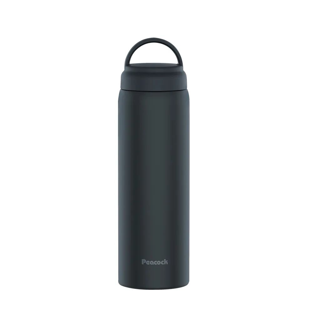 【Peacock 日本孔雀】不鏽鋼 手提式City城市休閒 保冷保溫杯600ML-黑(提把設計)(保溫瓶)