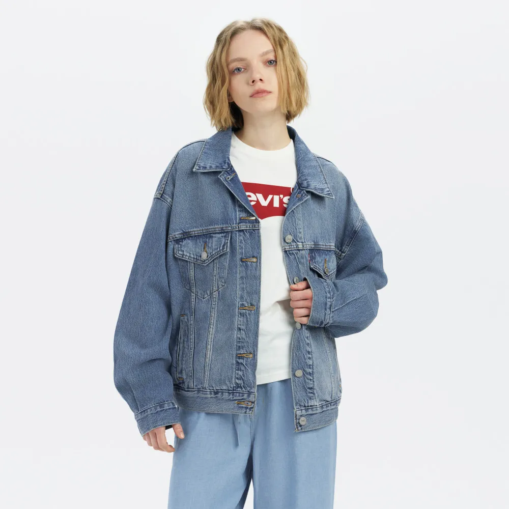 【LEVIS】女款 90年寬鬆版牛仔外套/寬袖設計/天絲棉/精工中藍染水洗 熱賣單品